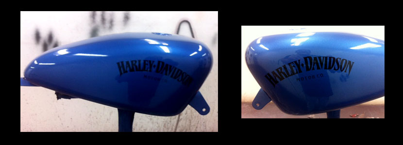 Blue motorcycle tank with custom hand lettering by Kiwi Customs Keving Walton