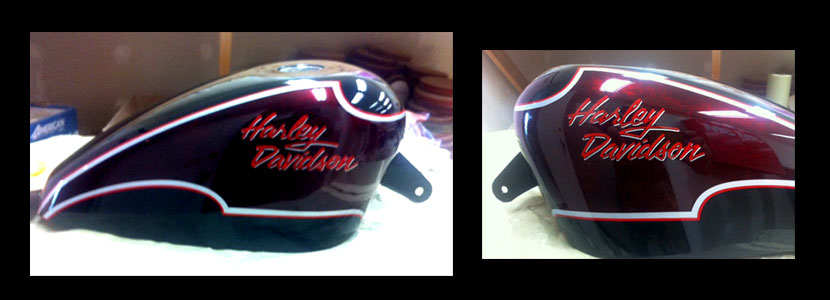 Hand painted custom motorcycle tank in burgandy with Red Harley Davidson hand lettered by Kevin Walton
