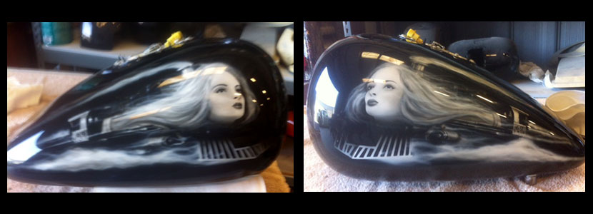 Portrait of a Girl Ghost on the side of a motorcycle tank custome painted by Kiwi Custom Designs