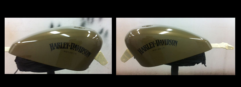 Custom hand painted gold harley Davidson motorcycle tank by Kiwi Customs