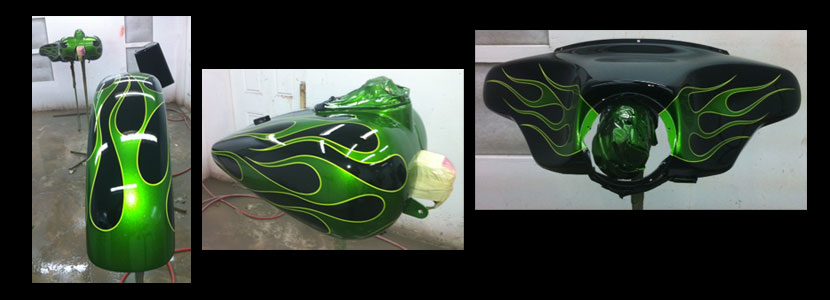 Green custom hand painted flames on a fender