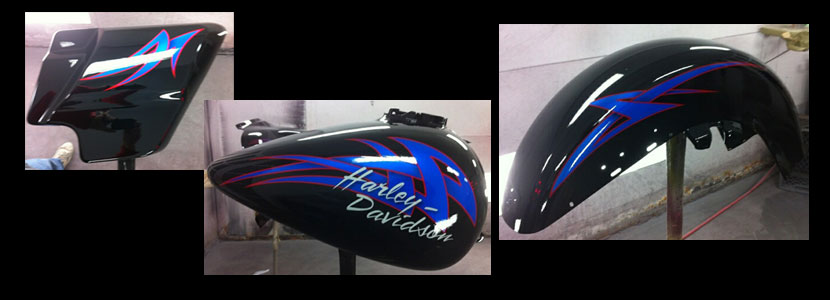 Black Harley tank and fender with blue and red details
