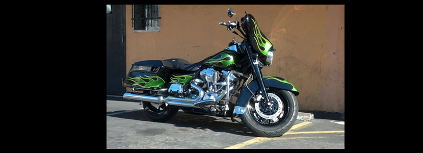 Motorcycle with hand painted green flames