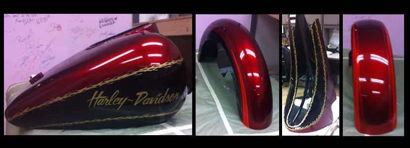 Red and black bike with custom gold pinstriping