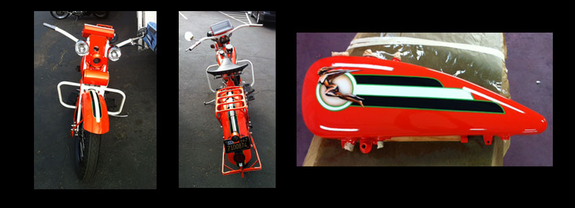 Red and white motorcycle tank, side panel