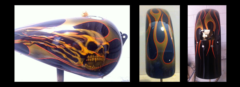 Handpainted motorcycle with flames and a skull